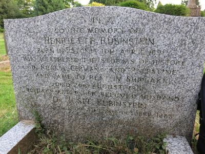 Rubinstein (Sundelevitsch) Henrietta
"In loving memory of Henriette Rubinstein, born in Estonia 11th April 1891, who weathered the storms of history in Russia, Germany and Palestine, and came to rest in Shiplake. Died 26th August 1981, 10 days after her beloved husband Dr Josef Rubinstein, born in the Ukraine 20th October 1888.".   Shiplake, Oxfordshire, UK
